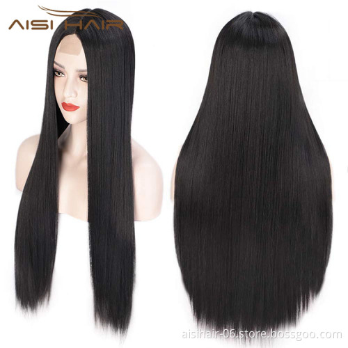 Aisi Hair Hotselling Cheap Wholesale Vendor Long Silky Straight Natural Wave Black Wig For Black Women Synthetic Hair Wigs